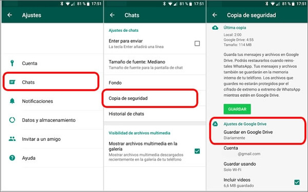 Respaldar mensajes de WhatsApp de Android a Google Drive