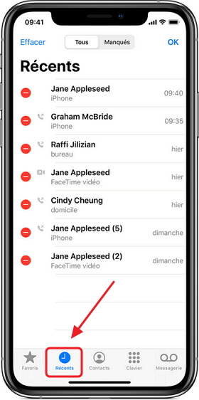 la liste des historiques des appels iPhone