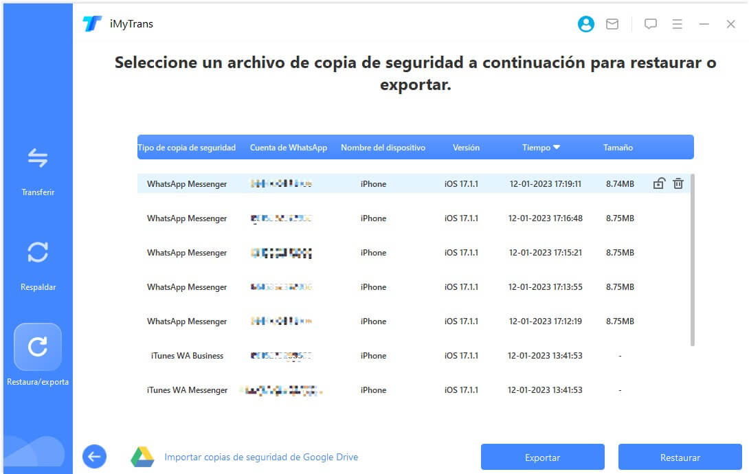 elige una copia de seguridad de WhatsApp para exportar