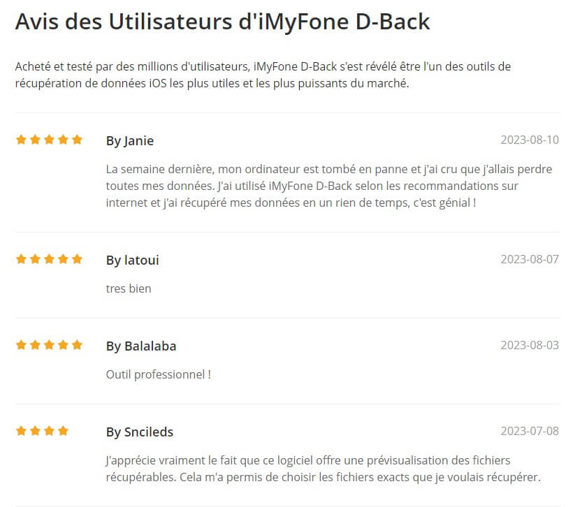 Avis d'utilisateurs sur iMyFone D-Back