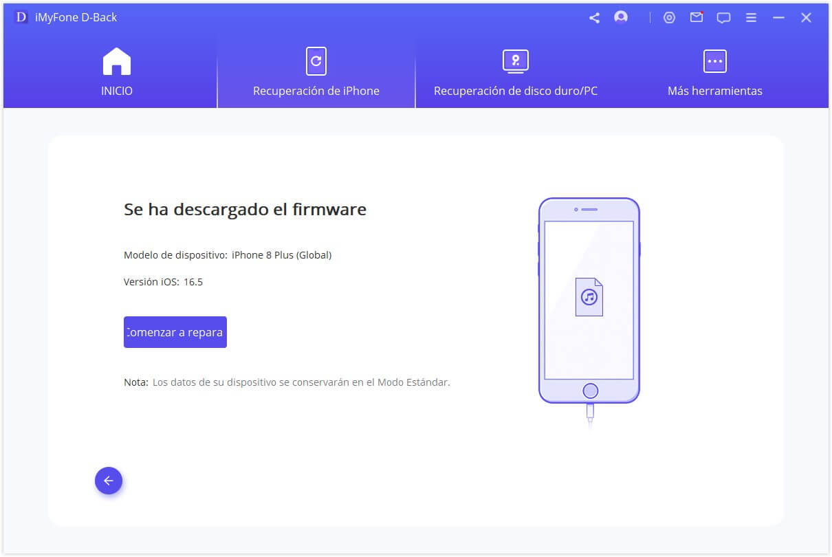 comenzar a reparar en Modo Éstandar