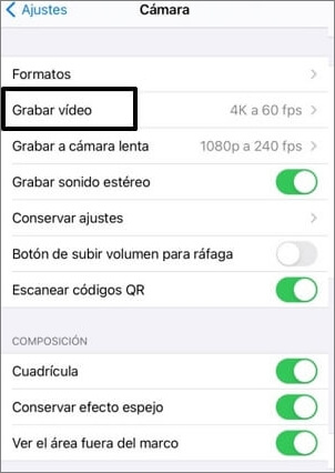 grabación de video en ajustes de iPhone