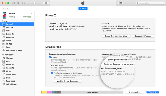 vérifier les dernières sauvegardes iTunes