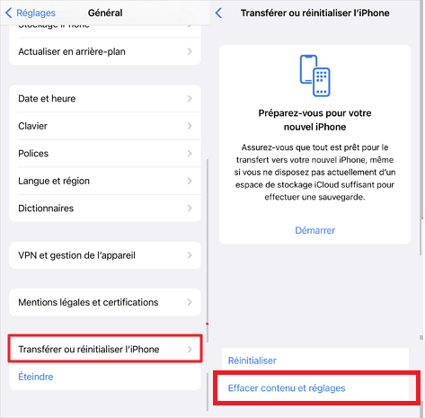 effacer tout le contenu et les paramètres