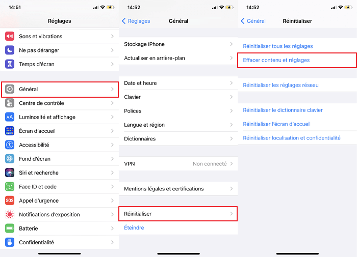 effacer contenu et réglages iPhone