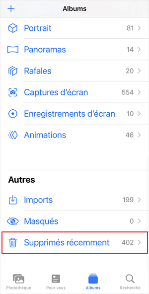 ouvrir Supprimés récemment sur iPhone