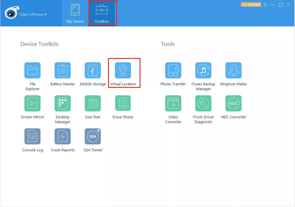 seleccione la ubicación virtual en itools