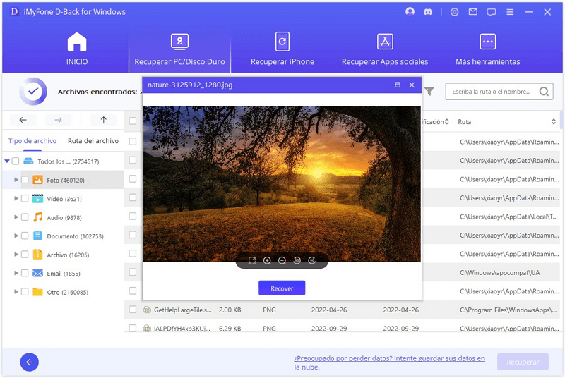 vista previa y recuperar