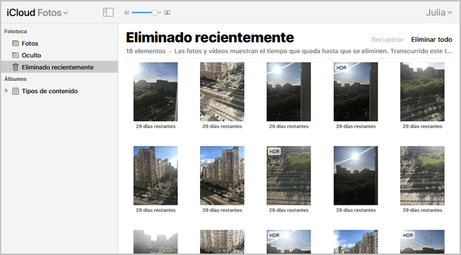 fotos eliminadas recientemente en iCloud