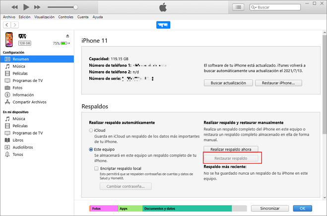 restaurar iPhone desde copia de seguridad de iTunes