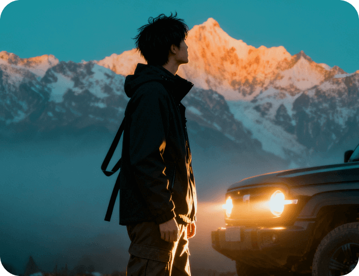 車のそばに立つ男の子